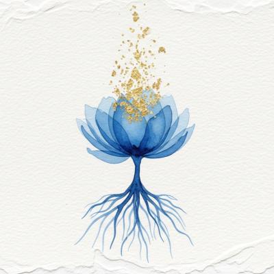 Flor azul com polen de folha de ouro