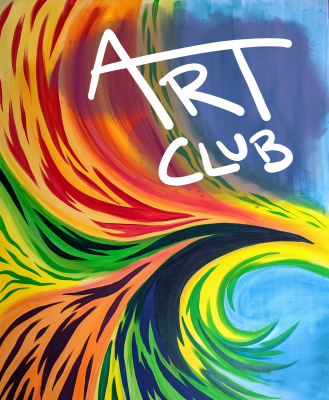 Colorful watercolor style background with the words art club in the foreground.
