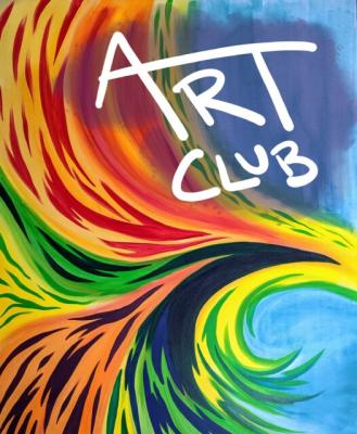 Colorful watercolor style background with the words art club in the foreground.