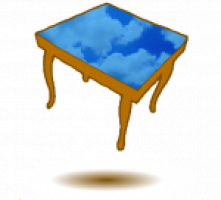 Image of a table floating above the ground. Top of table is a cloudscape. Logo for Heidi's Table.