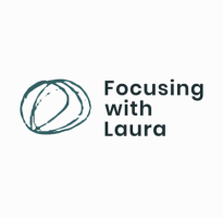 logo of hand drawn circles and the text focusing with laura in blue beside it 