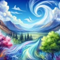 Swirly landscape with blue sky, trees and river