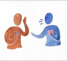 outlines of two characters with one listening to the other.